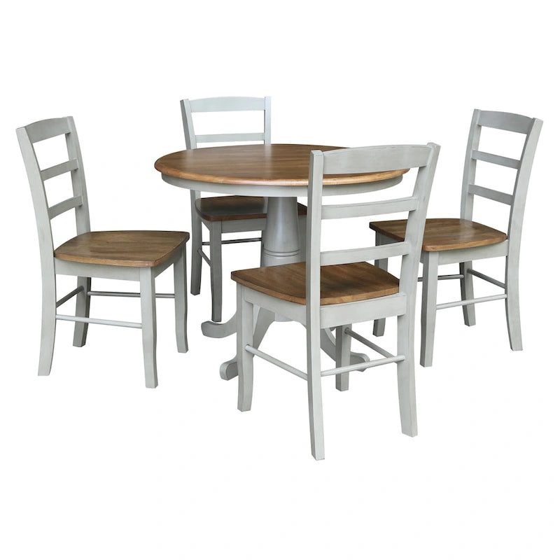 Tavolo da pranzo rotondo International Concepts Solid Wood 36 con piedistallo e 4 sedie Madrid con schienale a pioli