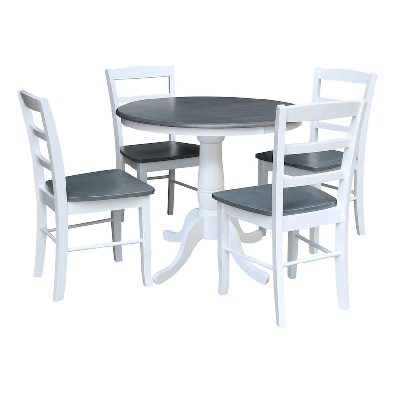 Tavolo da pranzo rotondo International Concepts Solid Wood 36 con piedistallo e 4 sedie Madrid con schienale a pioli