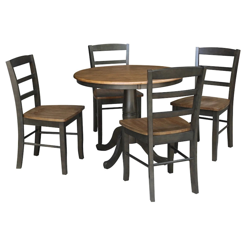 Tavolo da pranzo rotondo International Concepts Solid Wood 36 con piedistallo e 4 sedie Madrid con schienale a pioli