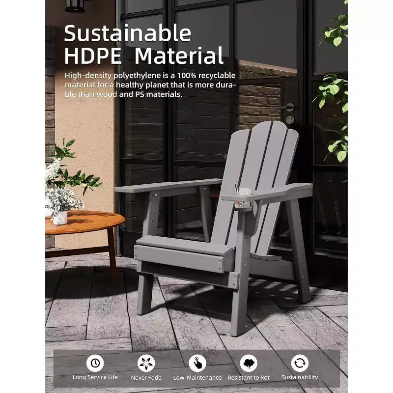 Sedia Adirondack EROMMY - In Polietilene ad Alta Densità (HDPE) Durevole, Sedia da Esterno Sovradimensionata per Balcone Portico Patio, Grigia