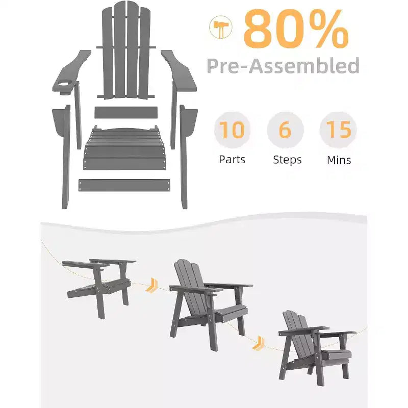 Sedia Adirondack EROMMY - In Polietilene ad Alta Densità (HDPE) Durevole, Sedia da Esterno Sovradimensionata per Balcone Portico Patio, Grigia