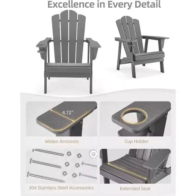 Sedia Adirondack EROMMY - In Polietilene ad Alta Densità (HDPE) Durevole, Sedia da Esterno Sovradimensionata per Balcone Portico Patio, Grigia