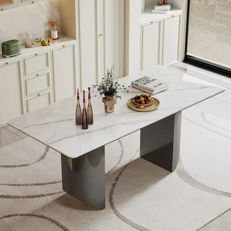 Tavolo da pranzo con piano in vetro temperato composito in pietra sinterizzata spessa 0,47 pollici e base in acciaio inossidabile