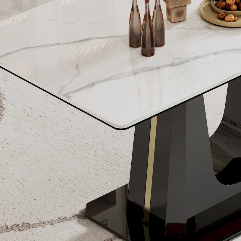 Tavolo da pranzo con piano in vetro temperato composito in pietra sinterizzata spessa 0,47 pollici e base in acciaio inossidabile