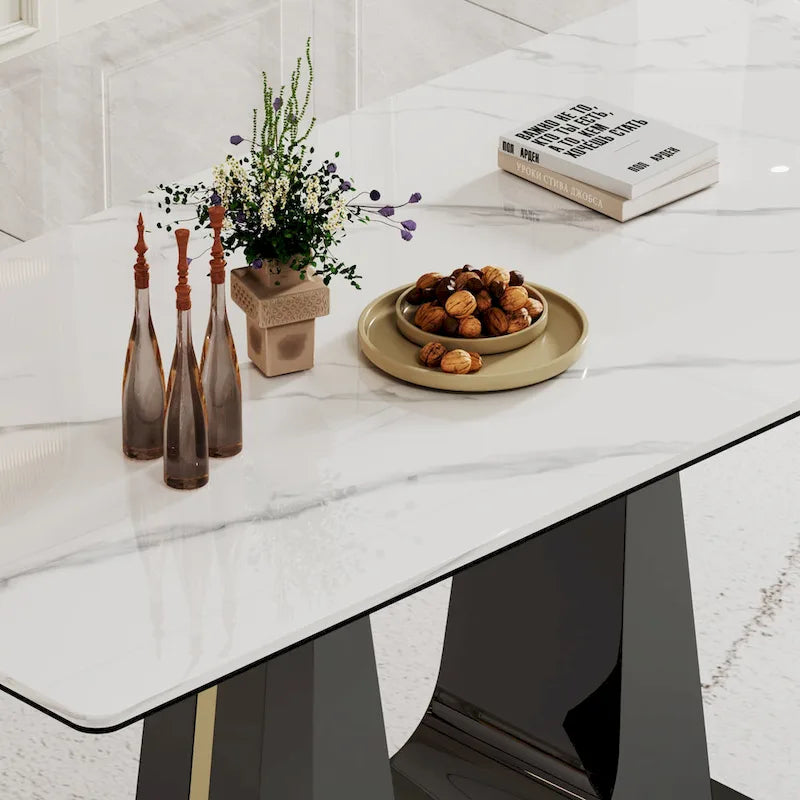 Tavolo da pranzo con piano in vetro temperato composito in pietra sinterizzata spessa 0,47 pollici e base in acciaio inossidabile
