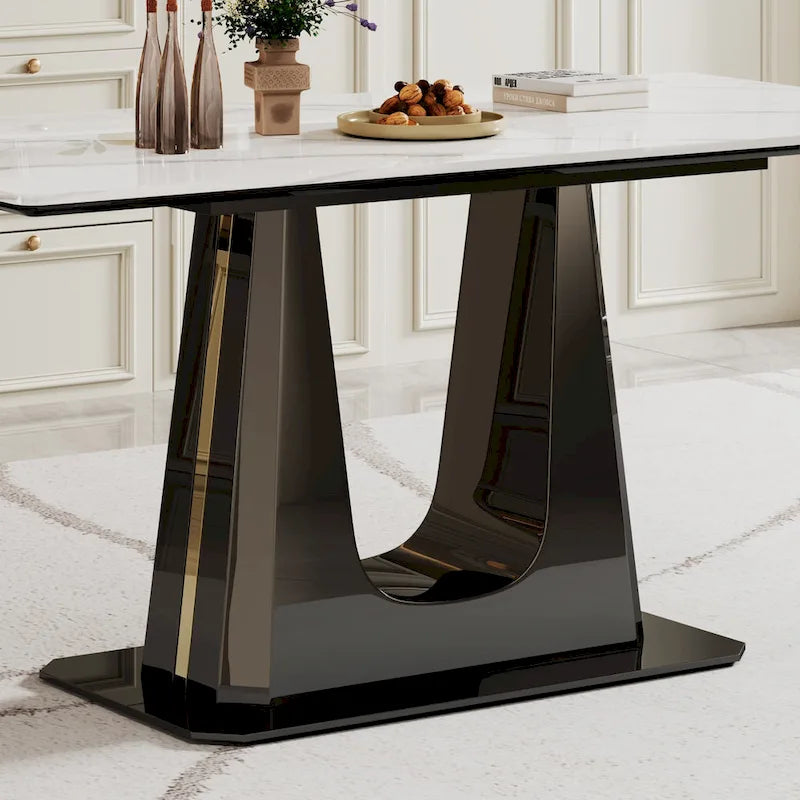 Tavolo da pranzo con piano in vetro temperato composito in pietra sinterizzata spessa 0,47 pollici e base in acciaio inossidabile