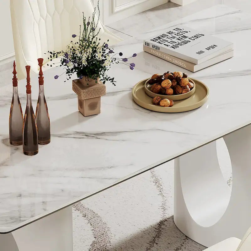 Tavolo da pranzo con piano in vetro temperato composito in pietra sinterizzata spessa 0,47 pollici e base in acciaio inossidabile