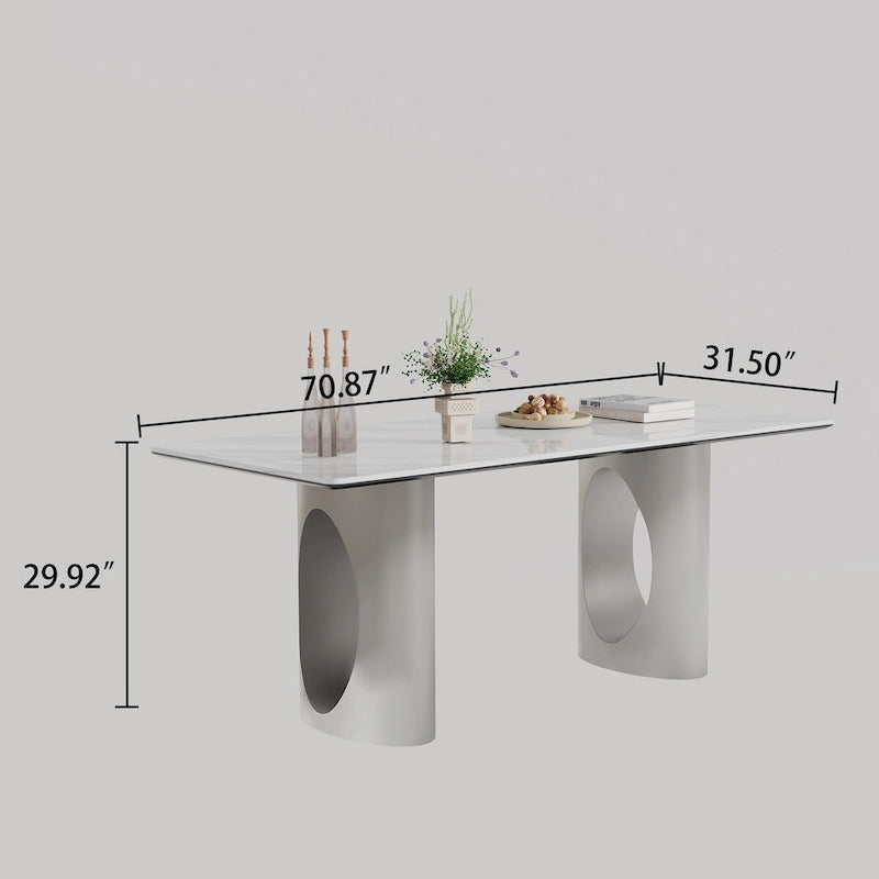 Tavolo da pranzo con piano in vetro temperato composito in pietra sinterizzata spessa 0,47 pollici e base in acciaio inossidabile