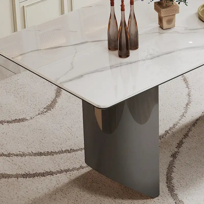 Tavolo da pranzo con piano in vetro temperato composito in pietra sinterizzata spessa 0,47 pollici e base in acciaio inossidabile