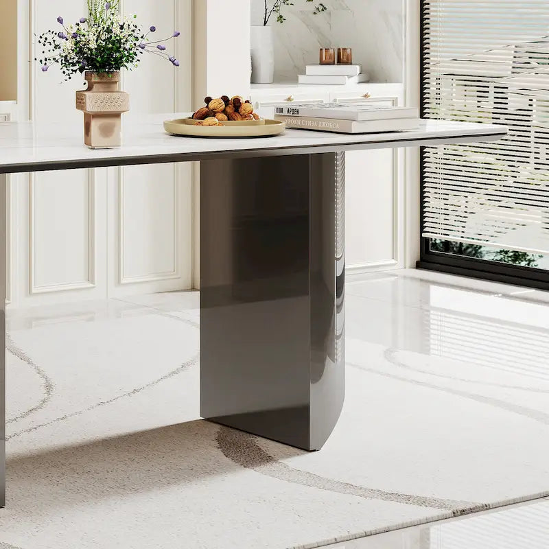 Tavolo da pranzo con piano in vetro temperato composito in pietra sinterizzata spessa 0,47 pollici e base in acciaio inossidabile