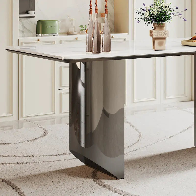 Tavolo da pranzo con piano in vetro temperato composito in pietra sinterizzata spessa 0,47 pollici e base in acciaio inossidabile