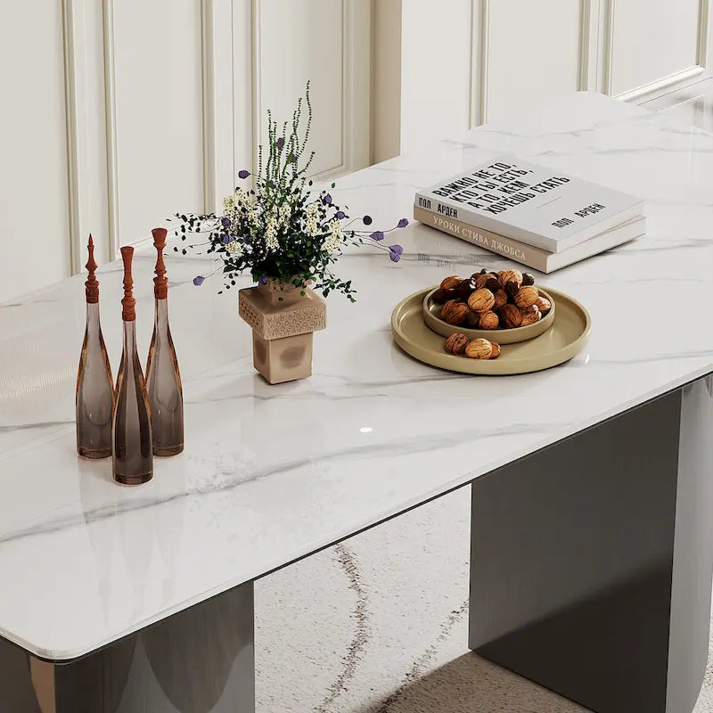 Tavolo da pranzo con piano in vetro temperato composito in pietra sinterizzata spessa 0,47 pollici e base in acciaio inossidabile