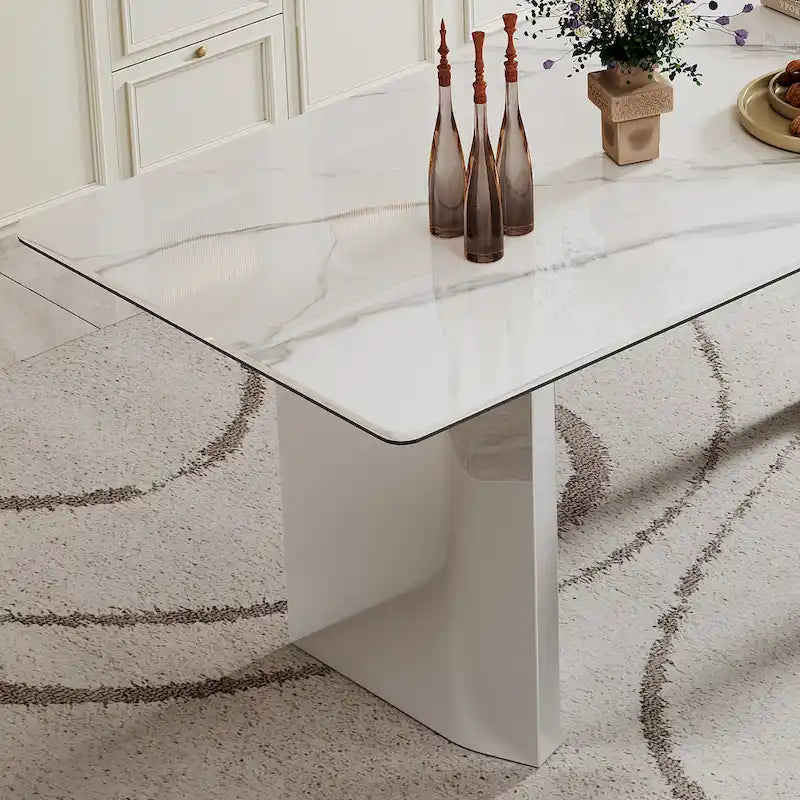 Tavolo da pranzo con piano in vetro temperato composito in pietra sinterizzata spessa 0,47 pollici e base in acciaio inossidabile