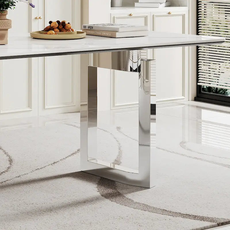 Tavolo da pranzo con piano in vetro temperato composito in pietra sinterizzata spessa 0,47 pollici e base in acciaio inossidabile