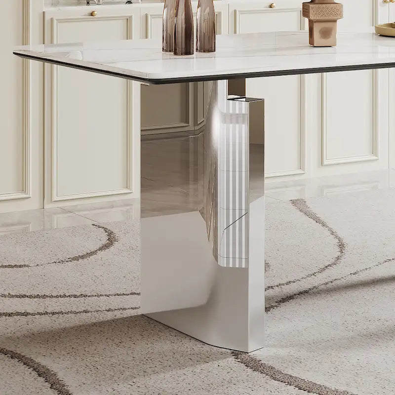 Tavolo da pranzo con piano in vetro temperato composito in pietra sinterizzata spessa 0,47 pollici e base in acciaio inossidabile