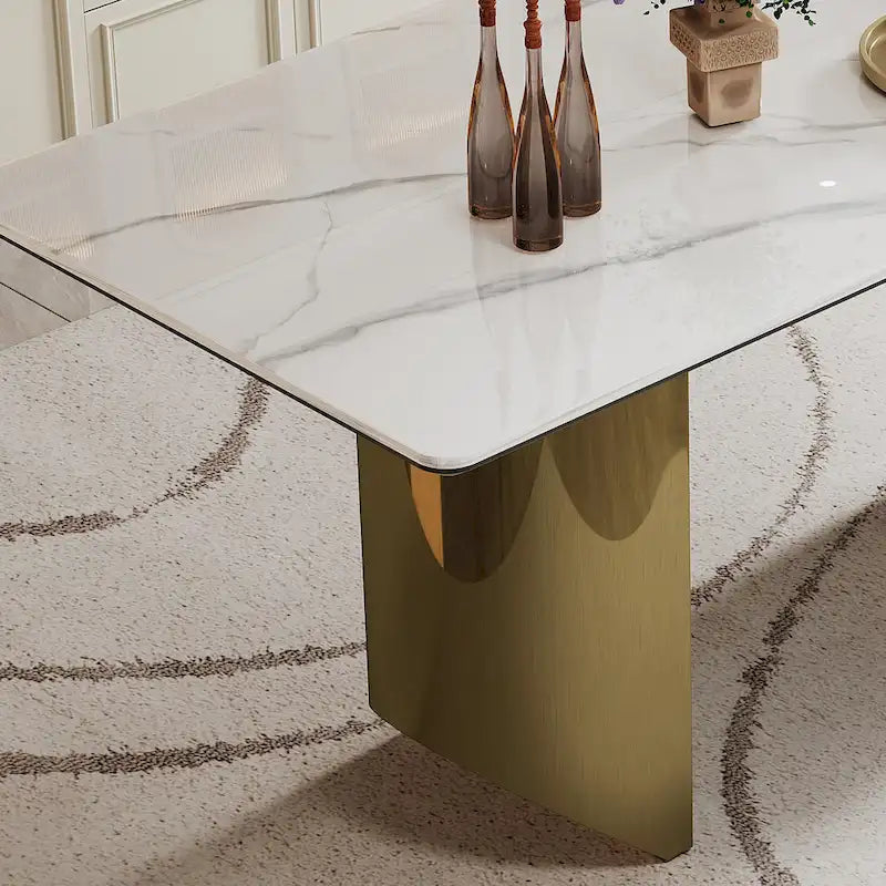 Tavolo da pranzo con piano in vetro temperato composito in pietra sinterizzata spessa 0,47 pollici e base in acciaio inossidabile