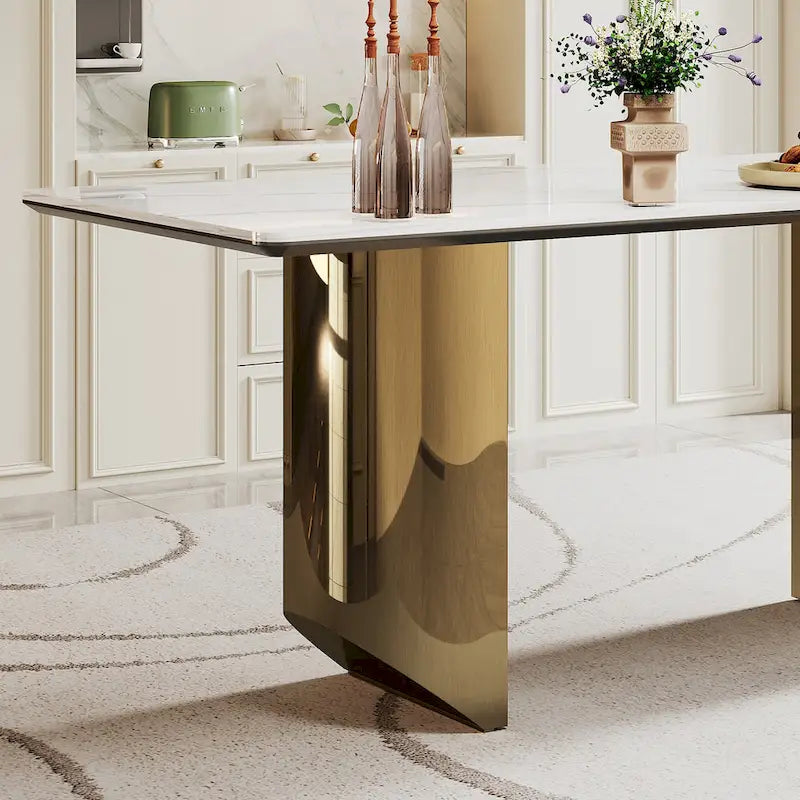 Tavolo da pranzo con piano in vetro temperato composito in pietra sinterizzata spessa 0,47 pollici e base in acciaio inossidabile