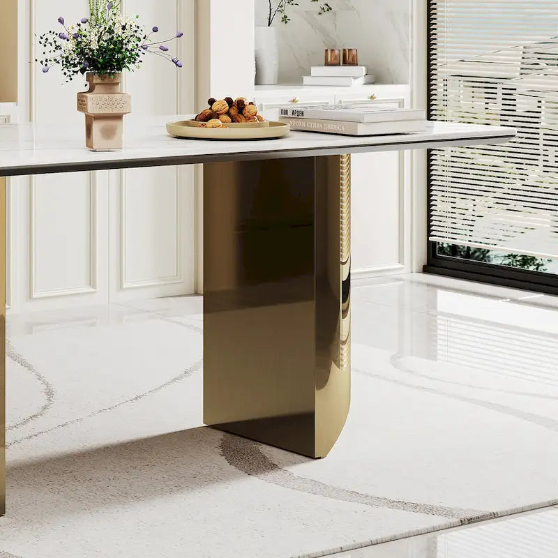 Tavolo da pranzo con piano in vetro temperato composito in pietra sinterizzata spessa 0,47 pollici e base in acciaio inossidabile