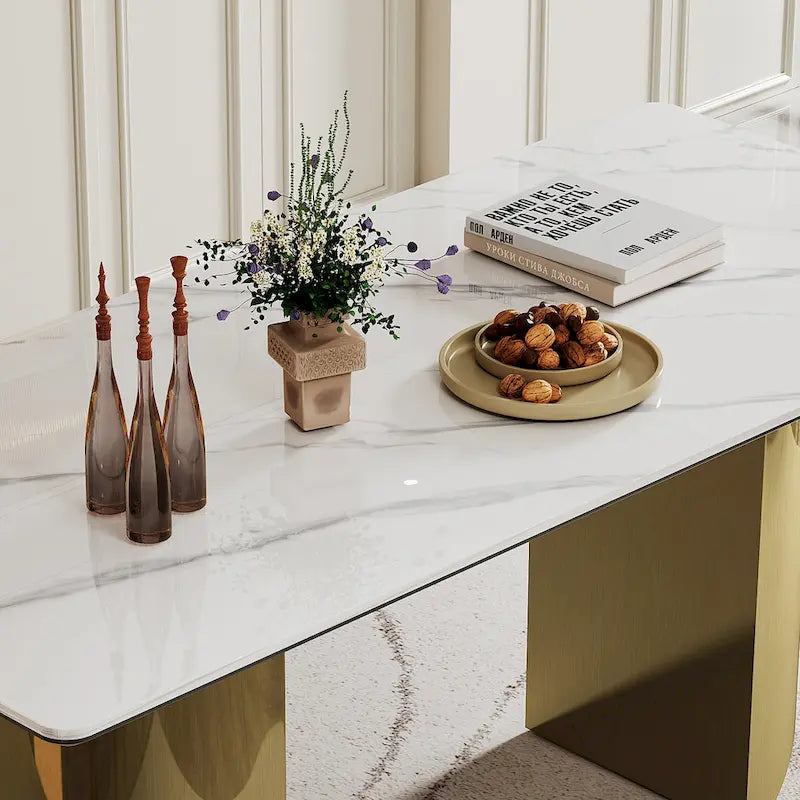 Tavolo da pranzo con piano in vetro temperato composito in pietra sinterizzata spessa 0,47 pollici e base in acciaio inossidabile