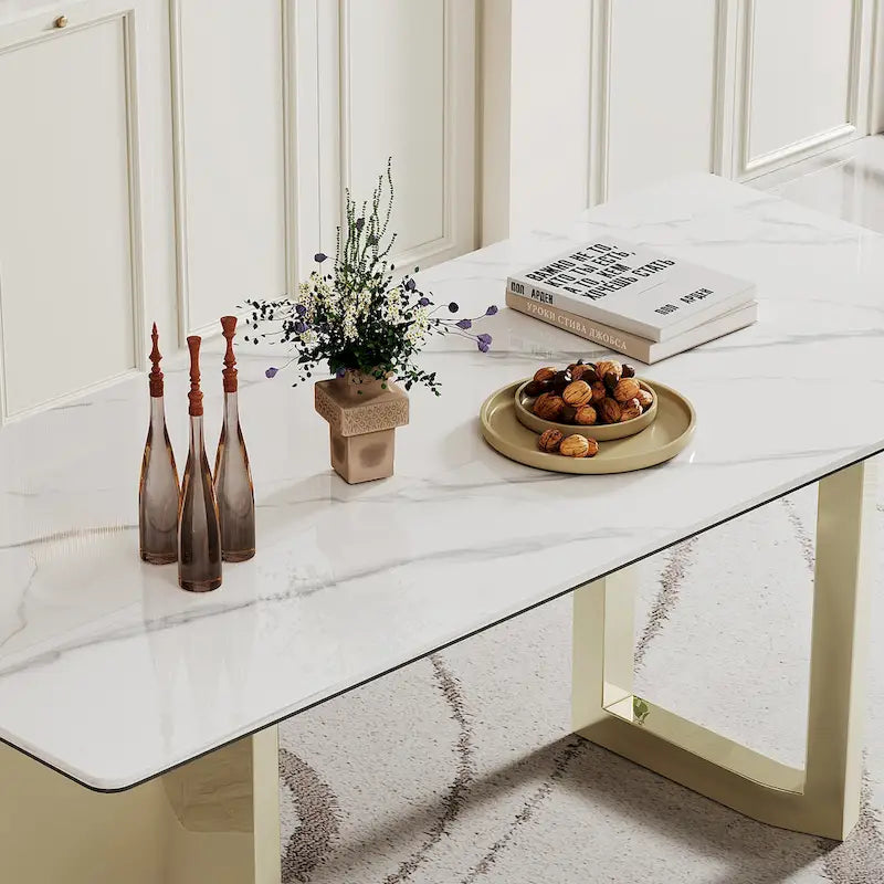 Tavolo da pranzo con piano in vetro temperato composito in pietra sinterizzata spessa 0,47 pollici e base in acciaio inossidabile