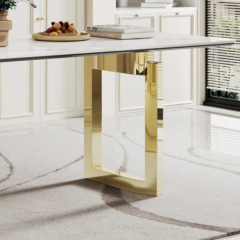 Tavolo da pranzo con piano in vetro temperato composito in pietra sinterizzata spessa 0,47 pollici e base in acciaio inossidabile