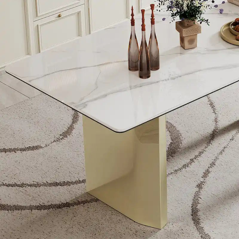 Tavolo da pranzo con piano in vetro temperato composito in pietra sinterizzata spessa 0,47 pollici e base in acciaio inossidabile