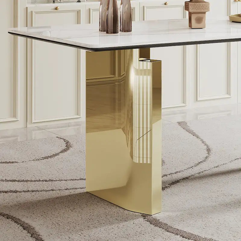 Tavolo da pranzo con piano in vetro temperato composito in pietra sinterizzata spessa 0,47 pollici e base in acciaio inossidabile