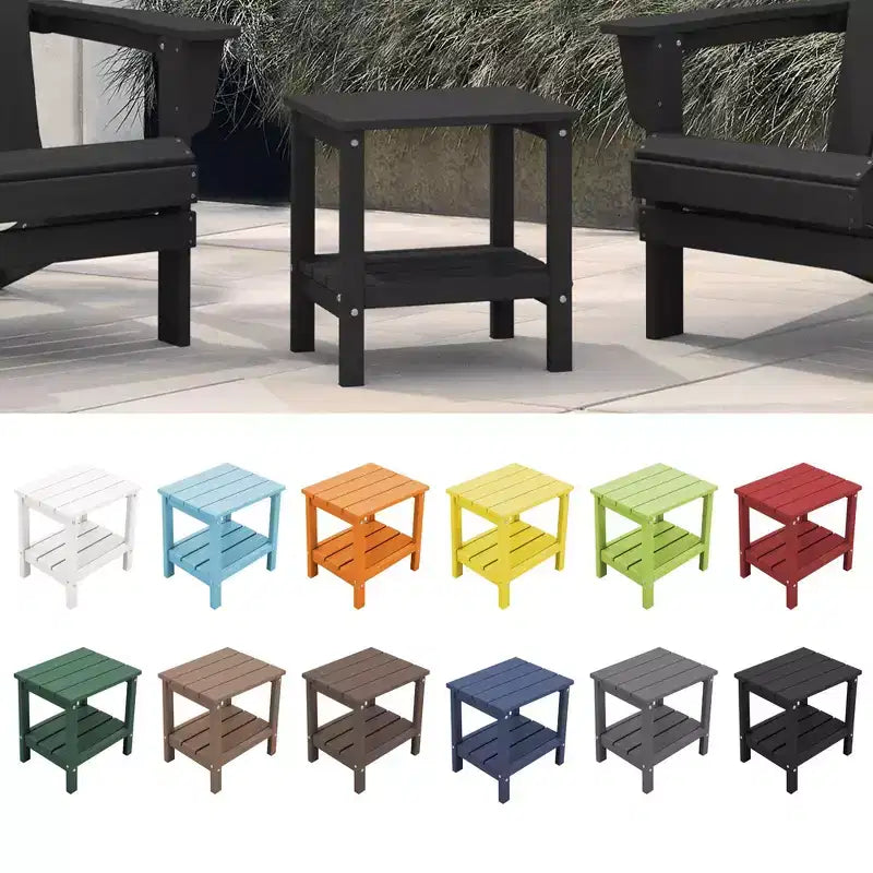 Tavolino da esterno Hyleory a due ripiani, in HDPE, quadrato, in stile Adirondack