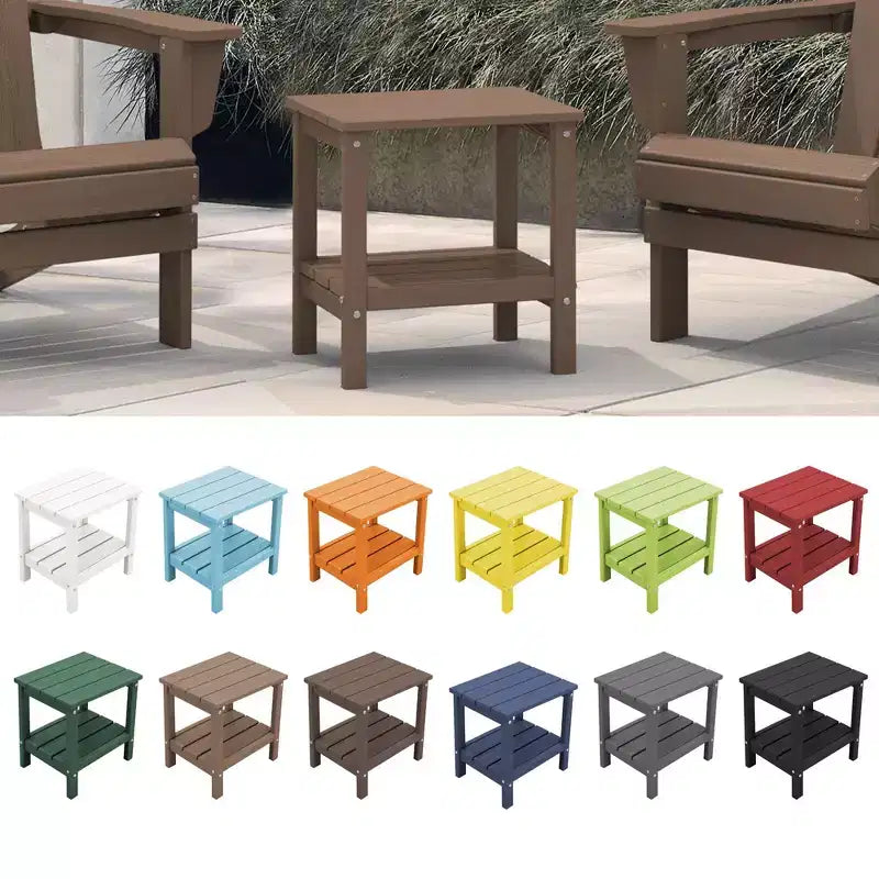 Tavolino da esterno Hyleory a due ripiani, in HDPE, quadrato, in stile Adirondack