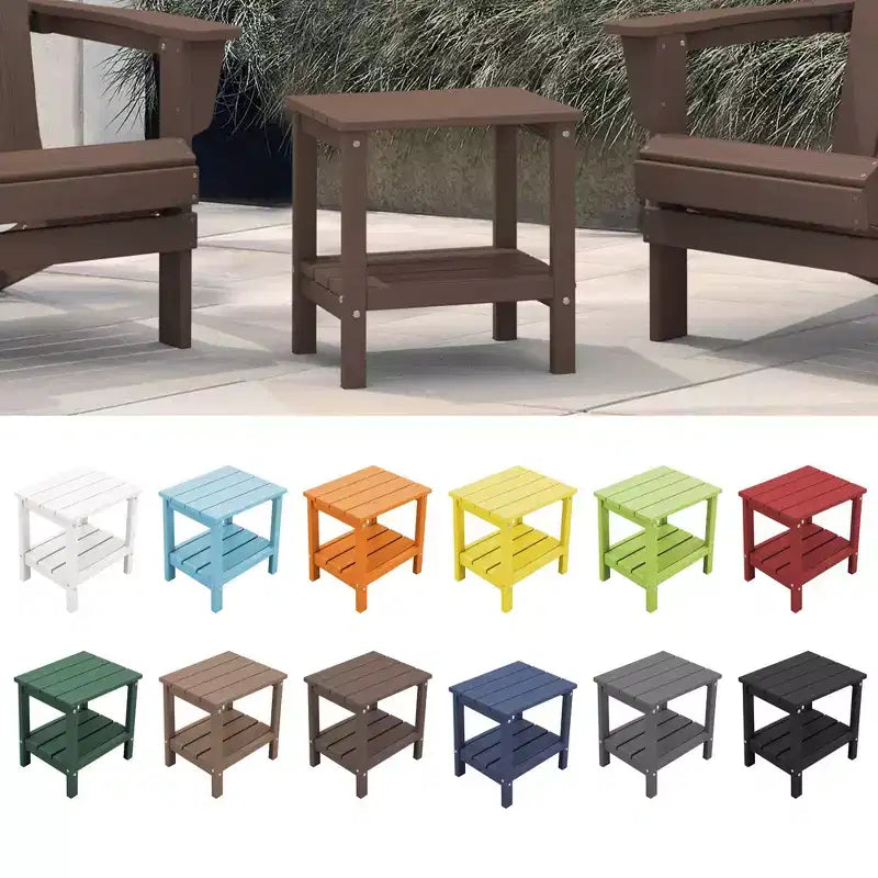 Tavolino da esterno Hyleory a due ripiani, in HDPE, quadrato, in stile Adirondack