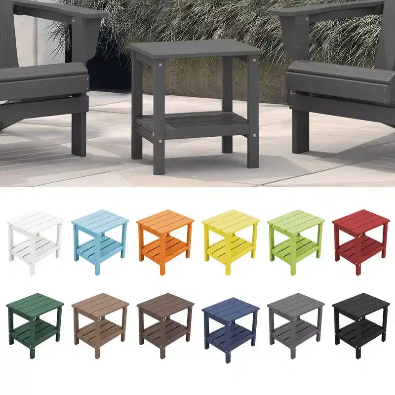 Tavolino da esterno Hyleory a due ripiani, in HDPE, quadrato, in stile Adirondack