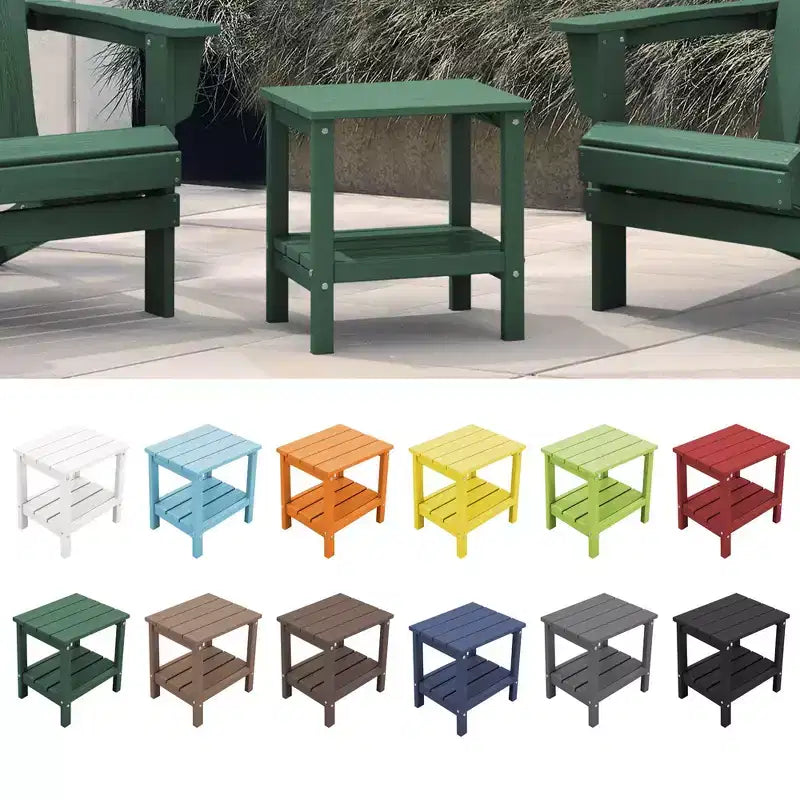 Tavolino da esterno Hyleory a due ripiani, in HDPE, quadrato, in stile Adirondack