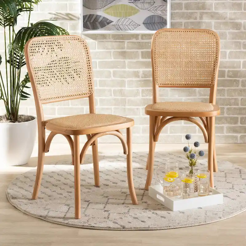 Neah Mid-Century Modern 2-Piece Woven Rattan and Wood Dining Chair Set