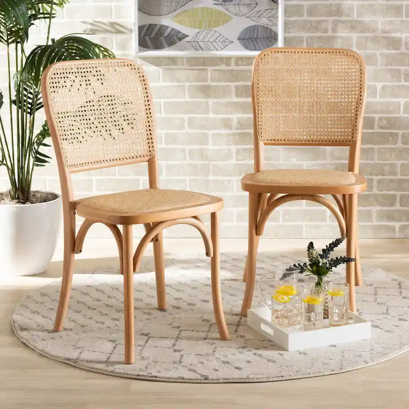 Set di 2 sedie da pranzo Neah Mid-Century Modern in rattan intrecciato e legno