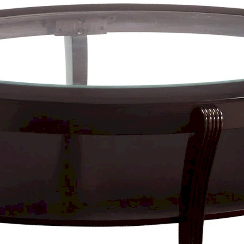 Tavolino da Cocktail Ovale in Legno con Inserto in Vetro e Ripiano Aperto, Marrone Espresso
