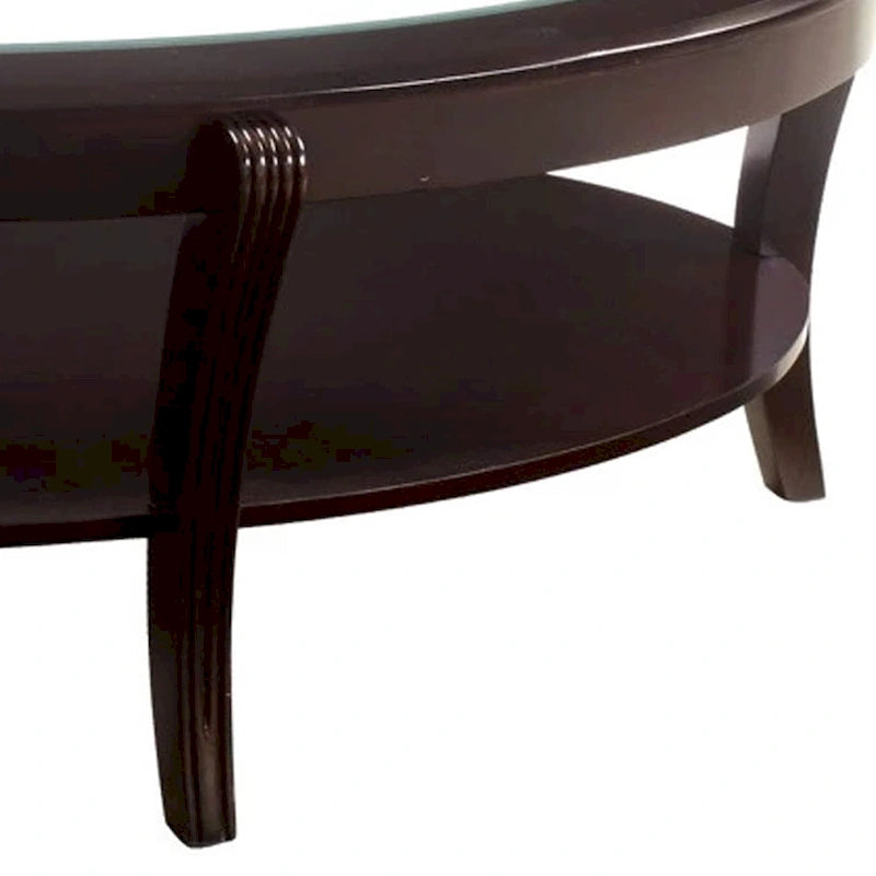 Tavolino da Cocktail Ovale in Legno con Inserto in Vetro e Ripiano Aperto, Marrone Espresso