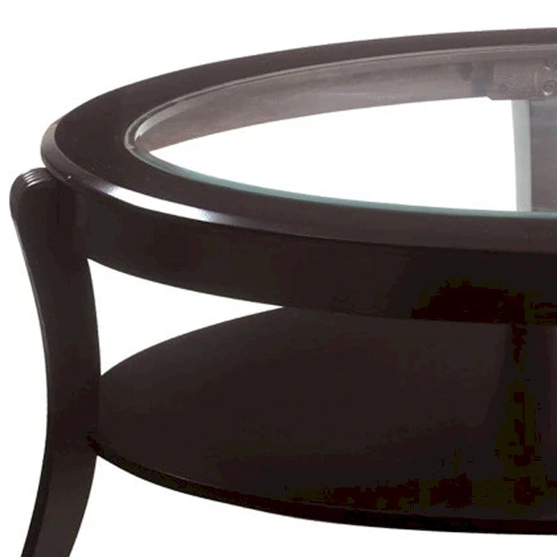 Tavolino da Cocktail Ovale in Legno con Inserto in Vetro e Ripiano Aperto, Marrone Espresso