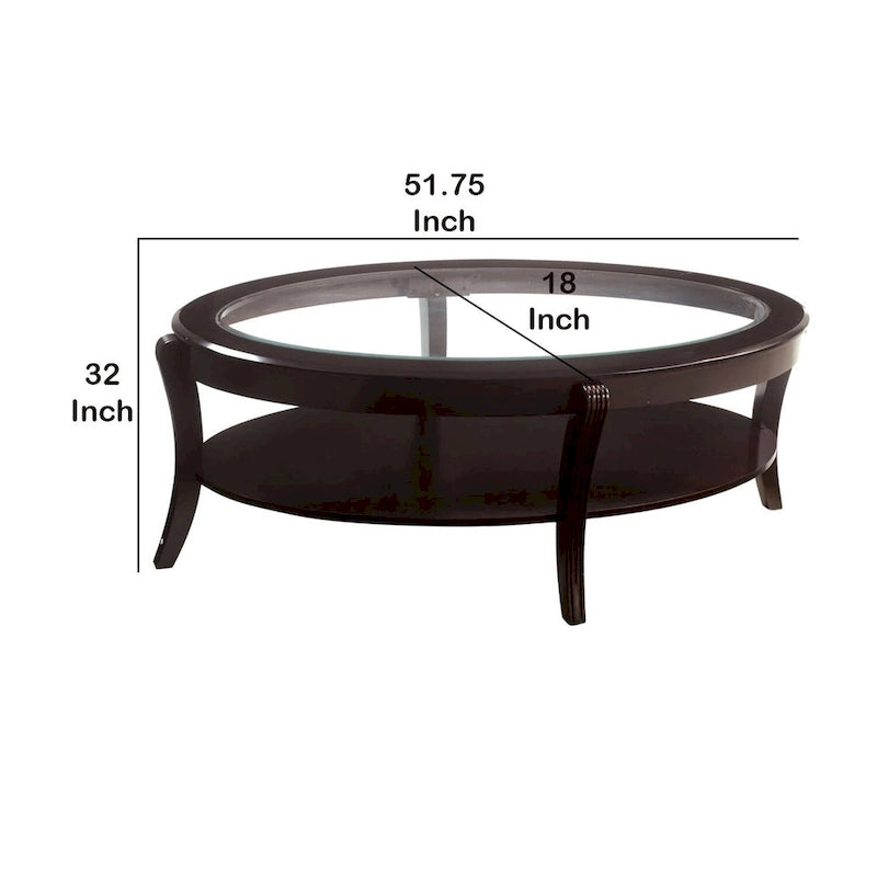 Tavolino da Cocktail Ovale in Legno con Inserto in Vetro e Ripiano Aperto, Marrone Espresso