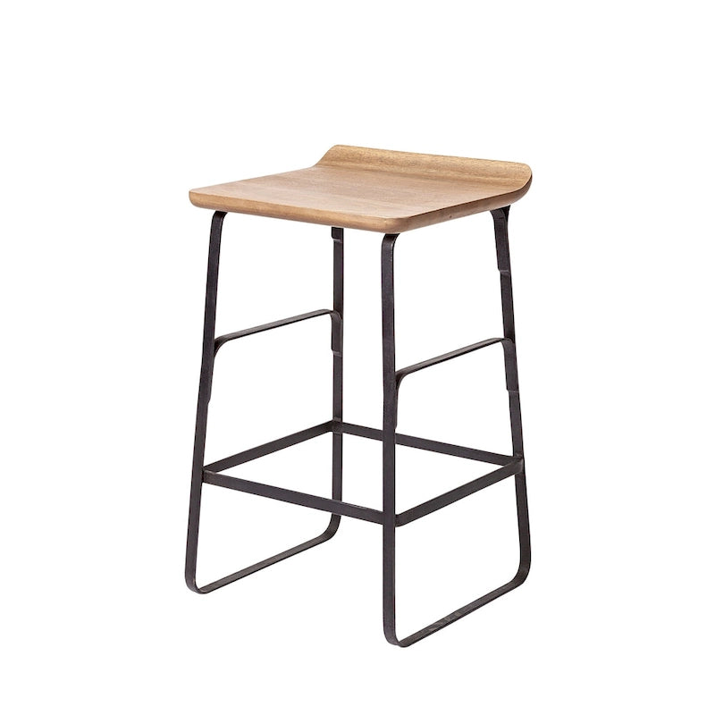 Sgabello da banco Conan con seduta in legno massiccio marrone medio e telaio in metallo nero - 15,0L x 16,0P x 25,0A