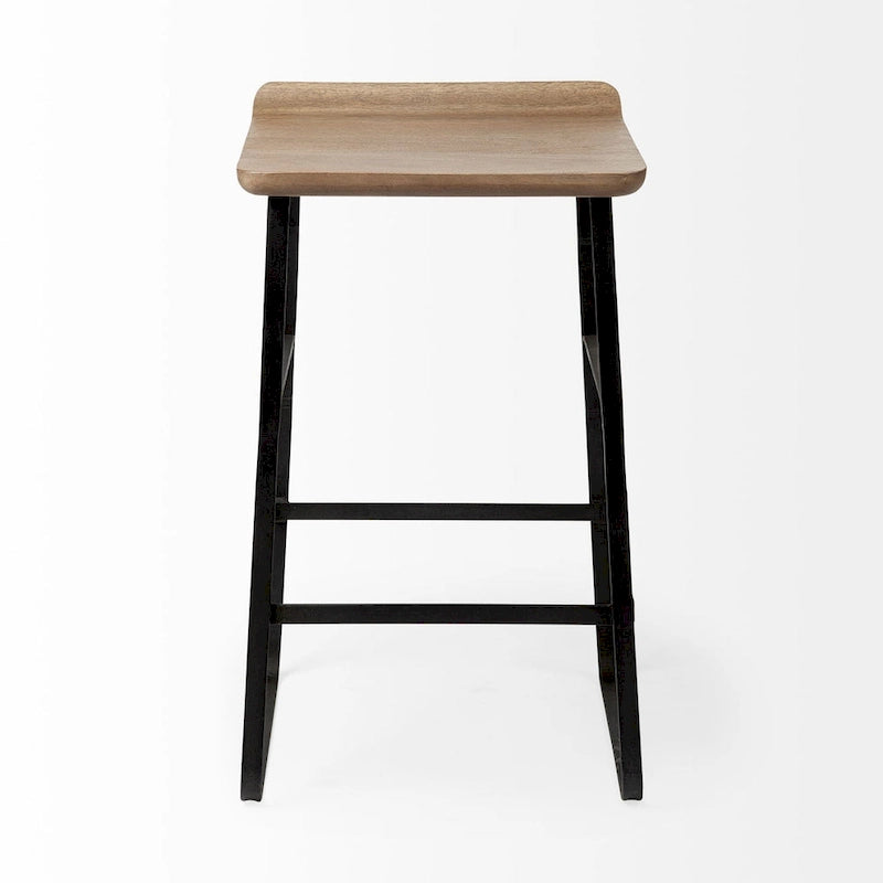 Sgabello da banco Conan con seduta in legno massiccio marrone medio e telaio in metallo nero - 15,0L x 16,0P x 25,0A