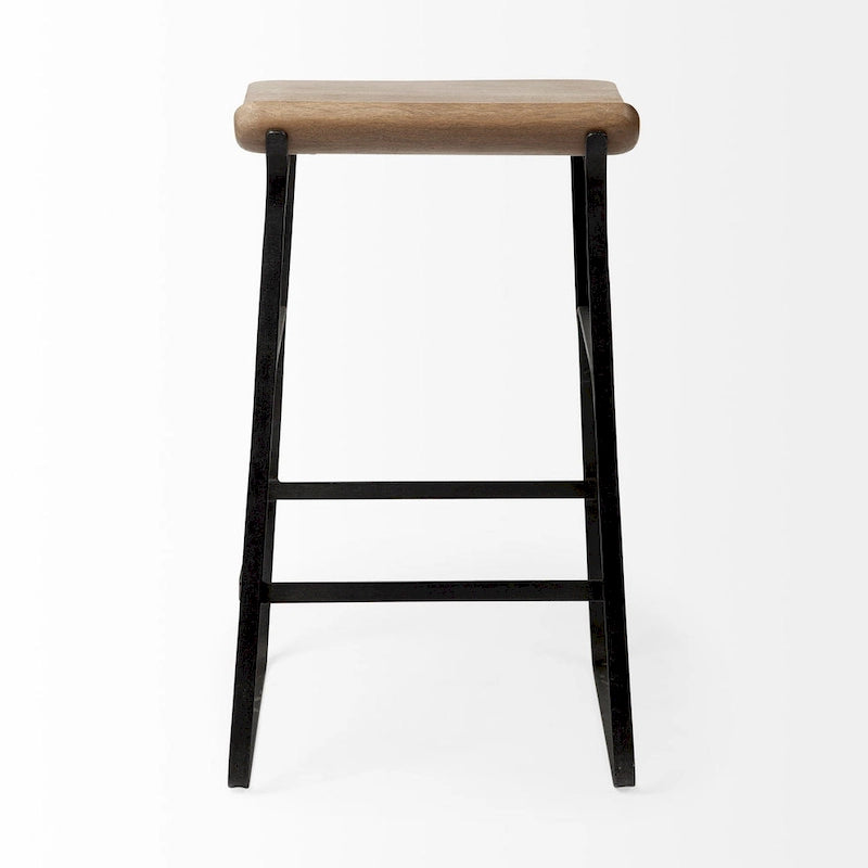 Sgabello da banco Conan con seduta in legno massiccio marrone medio e telaio in metallo nero - 15,0L x 16,0P x 25,0A