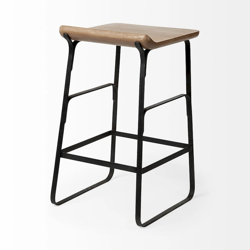 Sgabello da banco Conan con seduta in legno massiccio marrone medio e telaio in metallo nero - 15,0L x 16,0P x 25,0A