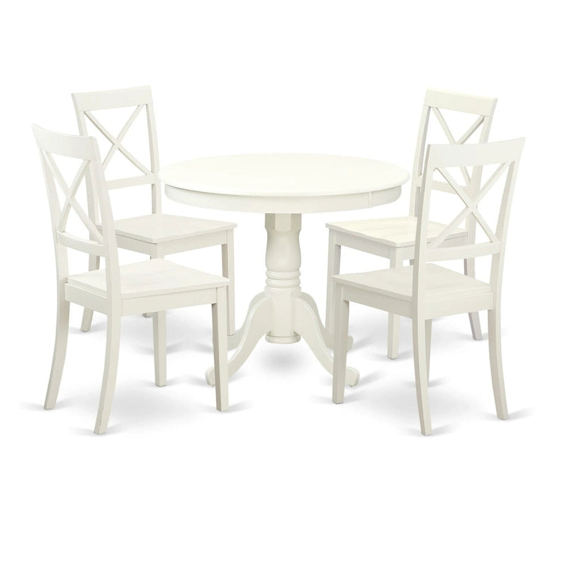 Set da cucina East West Furniture - Un tavolo rotondo da sala da pranzo e sedie con sedile in legno massello, lino bianco (opzioni di pezzi)