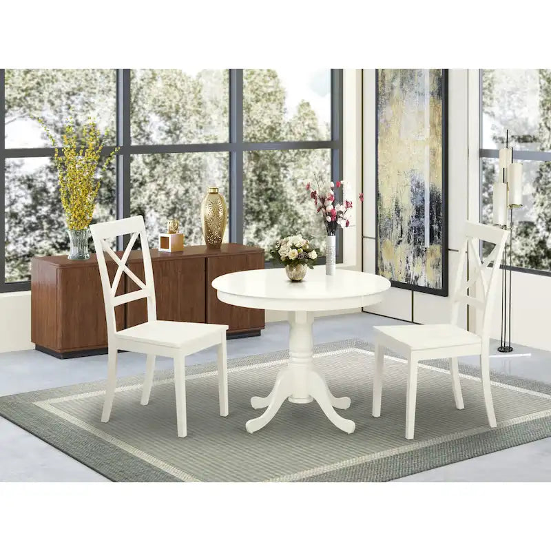 Set da cucina East West Furniture - Un tavolo rotondo da sala da pranzo e sedie con sedile in legno massello, lino bianco (opzioni di pezzi)