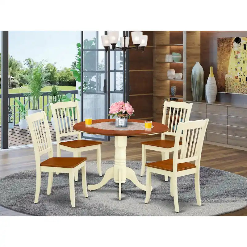 Set mobili da sala da pranzo East West Furniture - un tavolo da pranzo rotondo e sedie con seduta in legno, Butter Milk e Ciliegio (opzioni di pezzi)