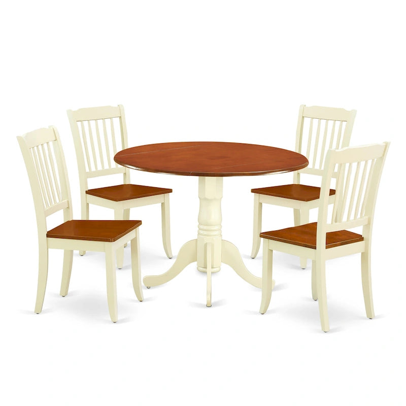 Set mobili da sala da pranzo East West Furniture - un tavolo da pranzo rotondo e sedie con seduta in legno, Butter Milk e Ciliegio (opzioni di pezzi)