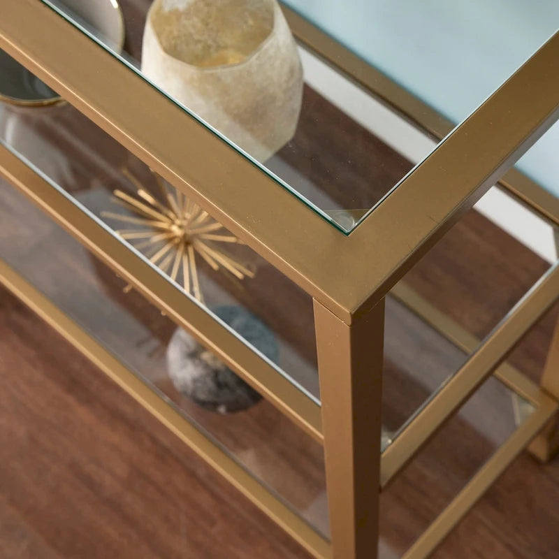 Tavolo Consolle Stretto in Metallo con Ripiani in Vetro Jensen di SEI Furniture - Oro