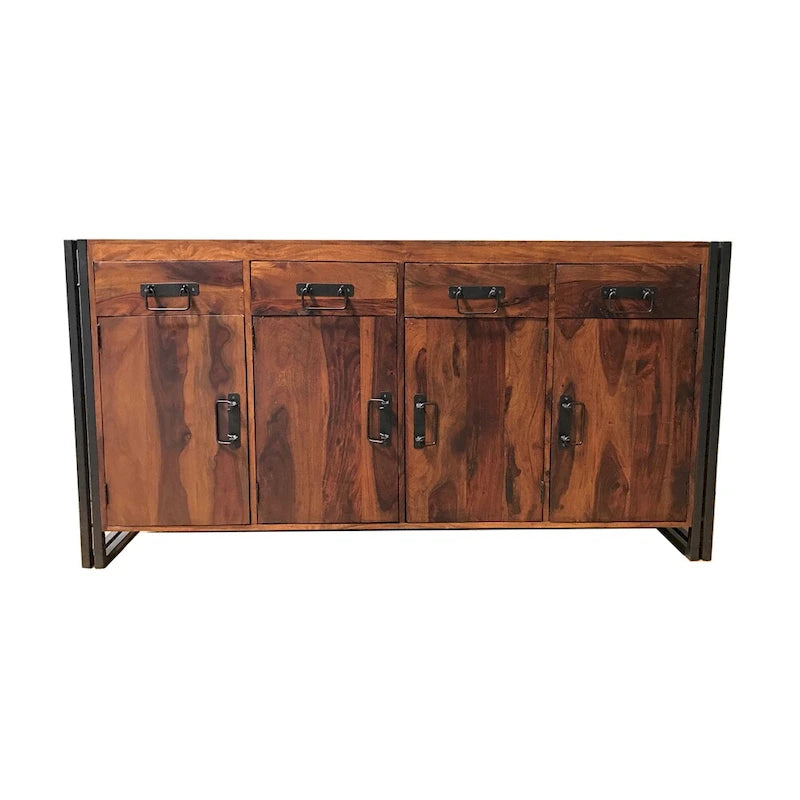 Credenza artigianale in legno di Sheesham e ferro, con 4 ante e 4 cassetti (India) - 71 x 18 x 35
