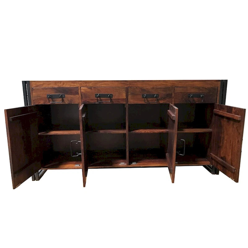 Credenza artigianale in legno di Sheesham e ferro, con 4 ante e 4 cassetti (India) - 71 x 18 x 35