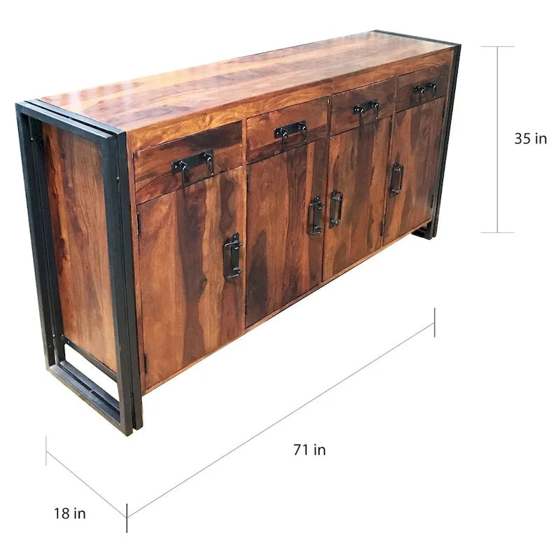 Credenza artigianale in legno di Sheesham e ferro, con 4 ante e 4 cassetti (India) - 71 x 18 x 35